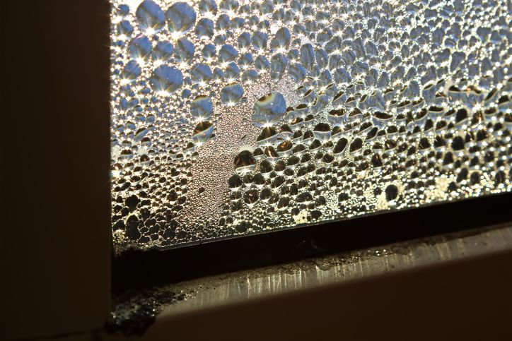 Reflection of morning sunlight through window condensation.