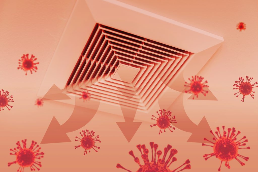 Coronavirus disease (COVID-19) spreading from Ceiling Air Ventilation and Air conditioning system risk to indoor people infected concept. Coronavirus disease (COVID-19) spreading from Ceiling Air Ventilation and Air conditioning system risk to indoor people infected concept.